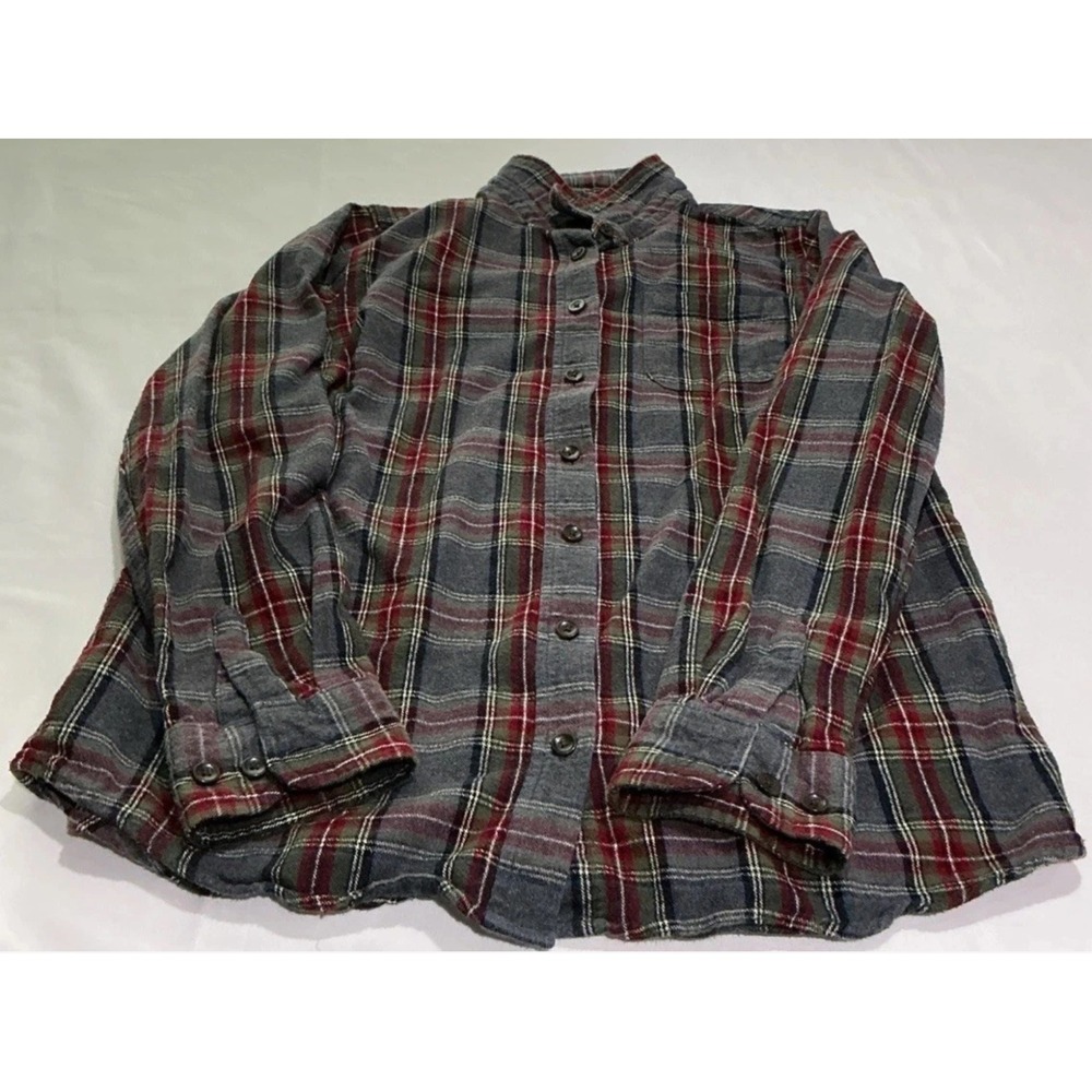 LL Bean Flannel Shirt Womens Medium Gray Scotch Plaid 100% Cotton Y2K